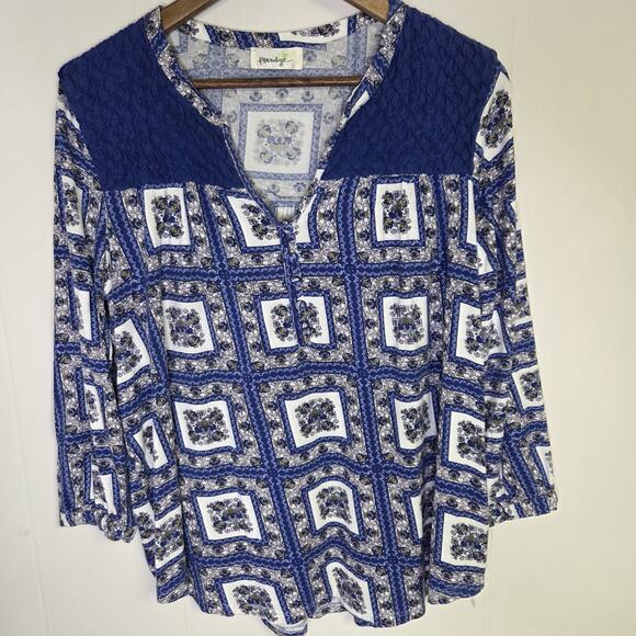 Anthropologie Porridge Patchwork Blouse Blue Floral Top 3/4 Sleeve Size Large - Picture 1 of 8